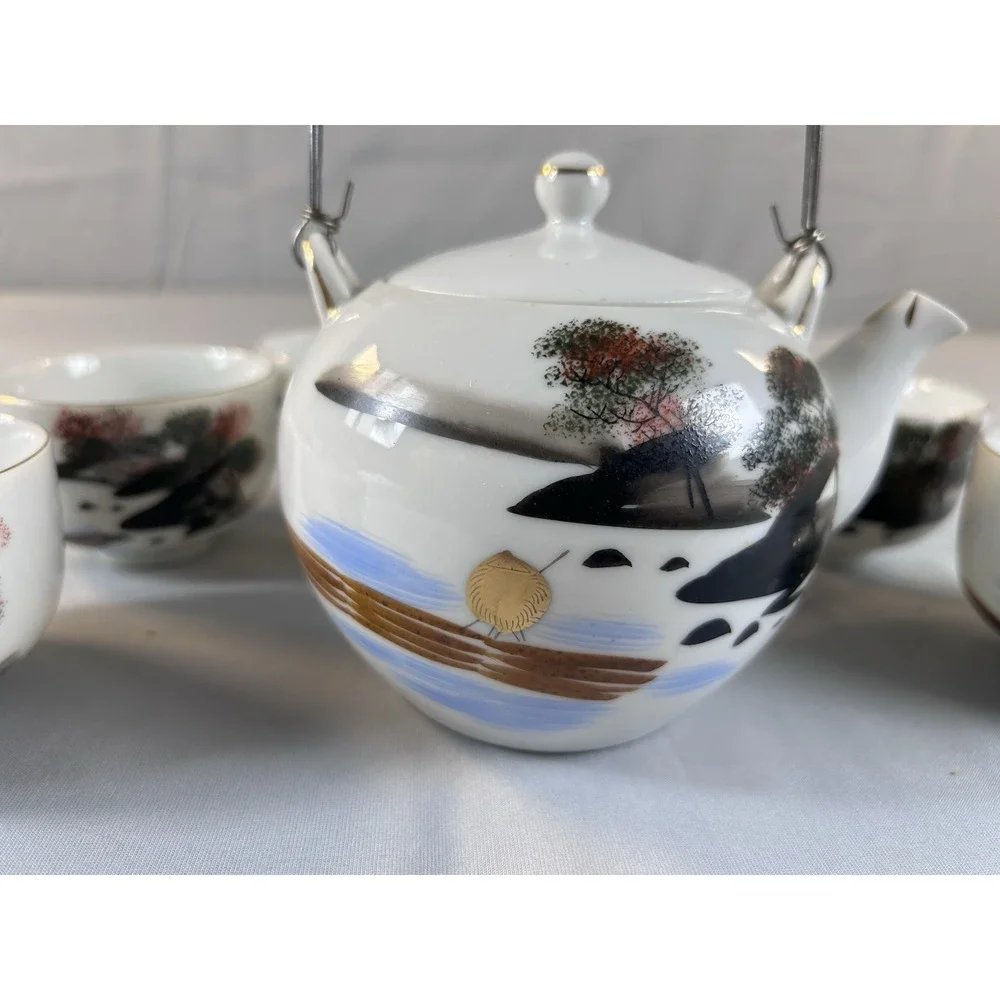 Vintage Japanese Tea Set Teapot & 6 Cups Hand Painted‎ Bamboo Handl